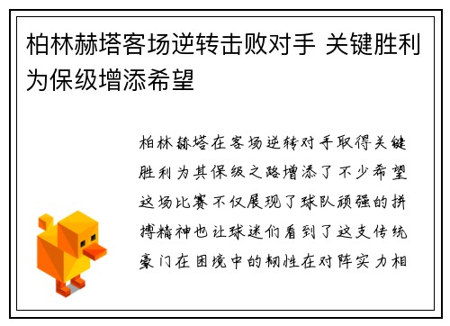 柏林赫塔客场逆转击败对手 关键胜利为保级增添希望