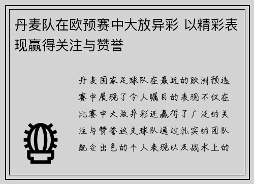 丹麦队在欧预赛中大放异彩 以精彩表现赢得关注与赞誉