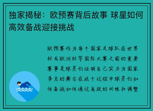 独家揭秘：欧预赛背后故事 球星如何高效备战迎接挑战